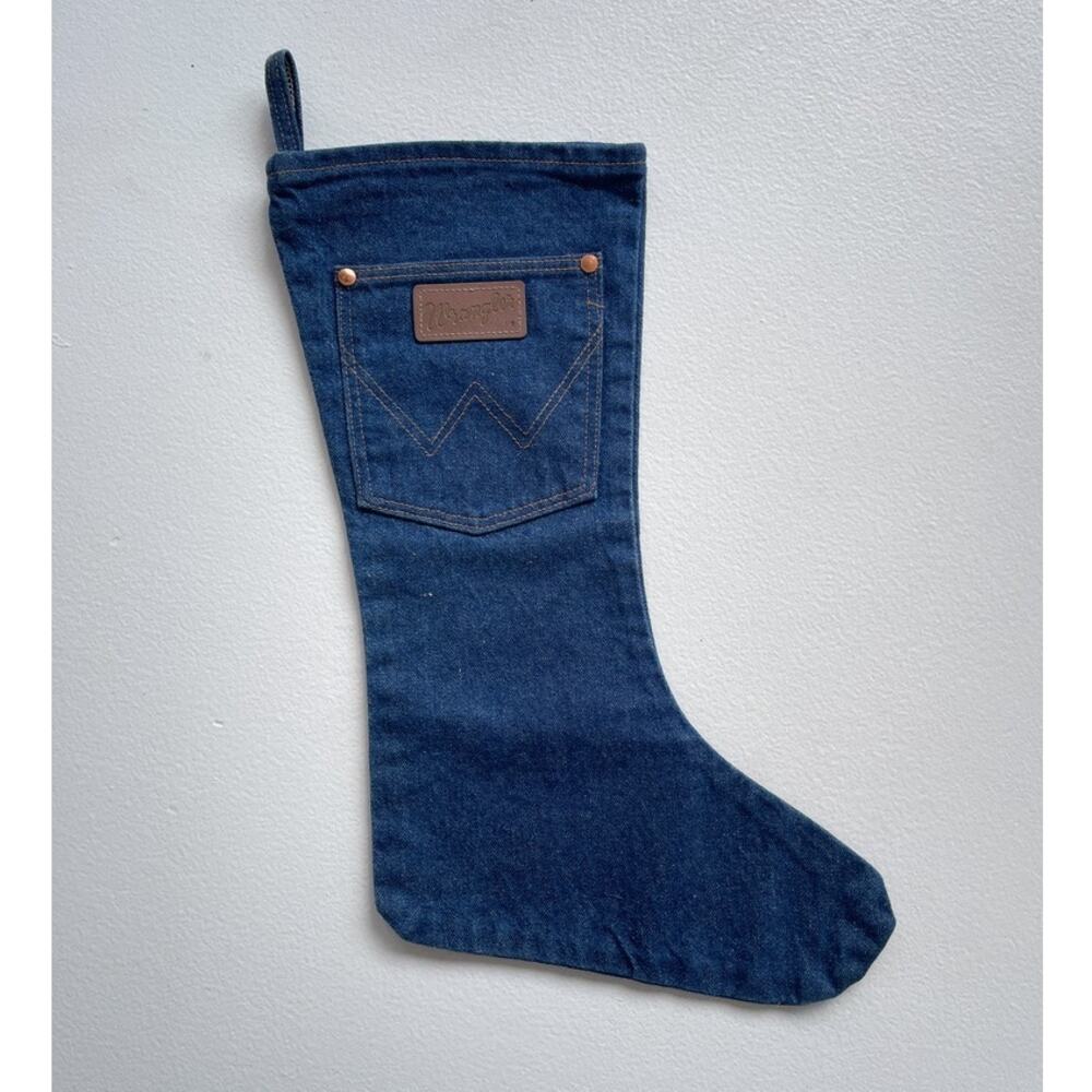 Vtg WRANGLER Dark Denim Christmas Stocking · Pocket · Logo · Western · Holidays